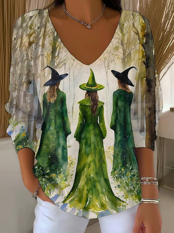Halloween Witch Art Casual V Neck Pullover Sweater