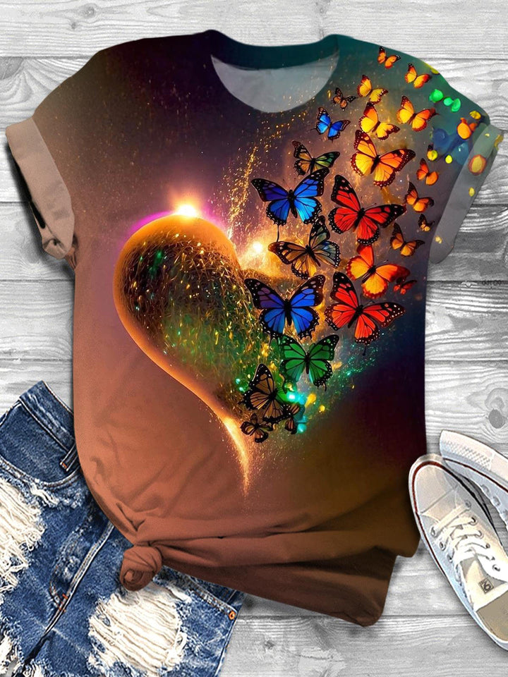 Butterfly Heart Design Crew Neck T-shirt
