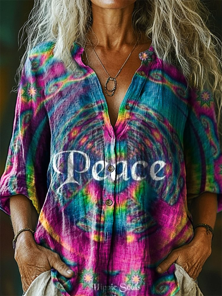 Vintage Hippie Peace Art Printed Casual Shirt