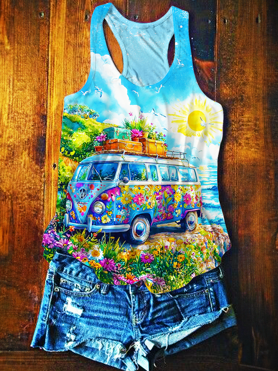 Hippie Van Beautiful Scenery Art Printed Casual Tank Top