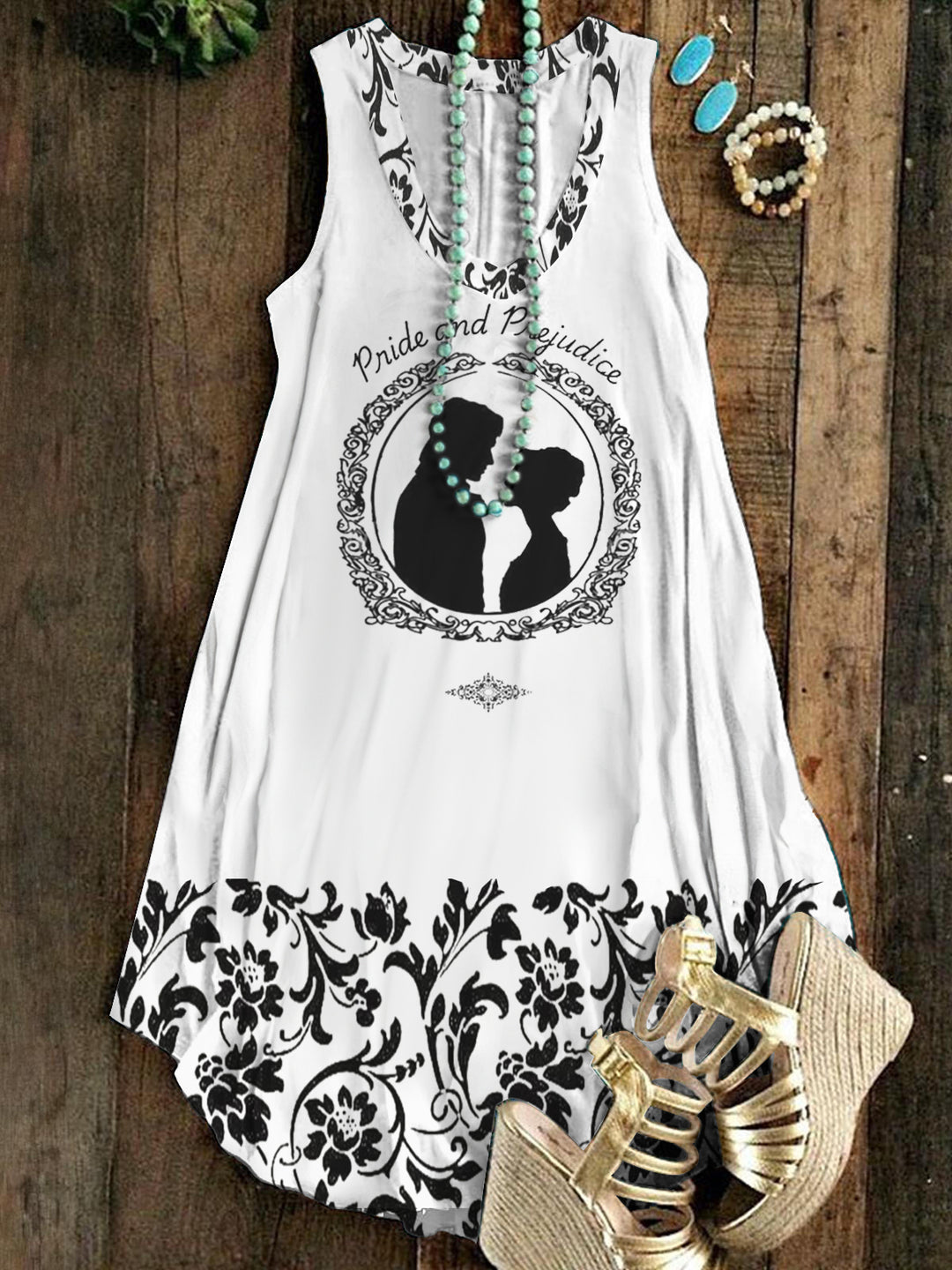 Pride and Prejudice Black and White Print Sleeveless V Neck Dress