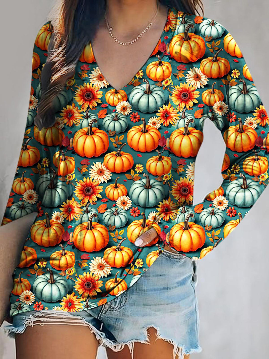 Autumn Pumpkin Print V-Neck Long Sleeve Top