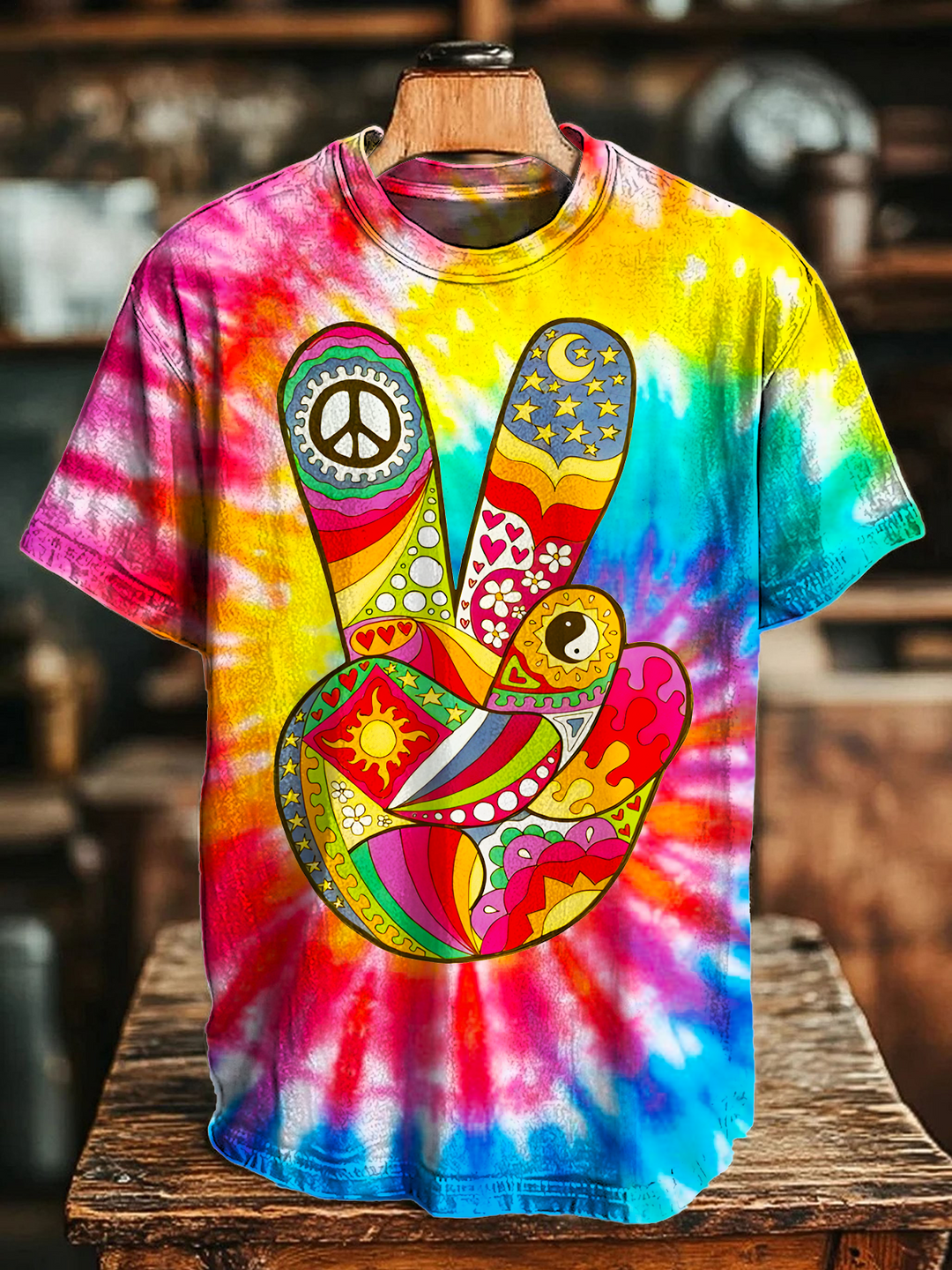 Colorful Tie-dye Hippie Peace Hands Crew Neck T-shirt