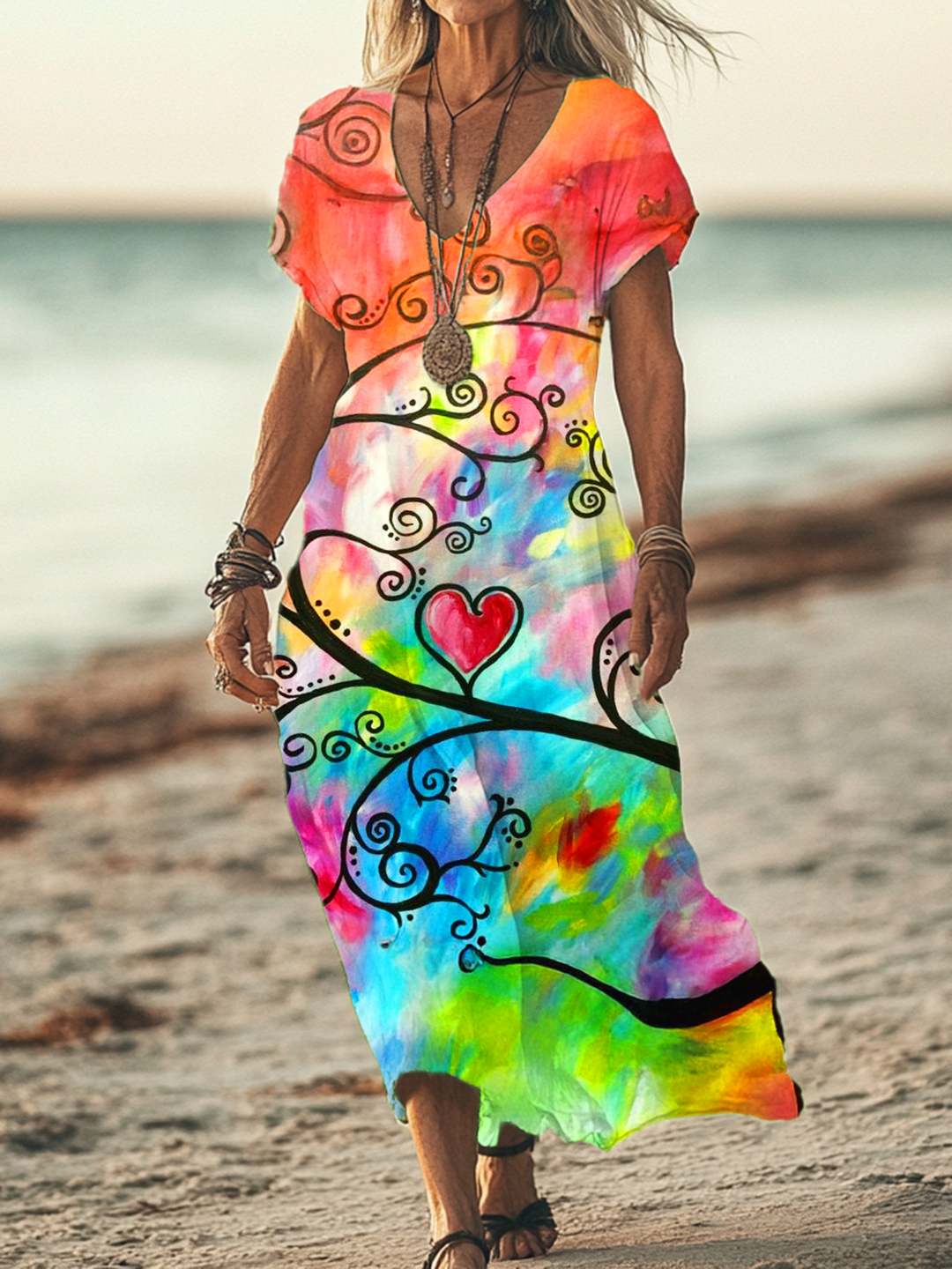 Retro hippie love peace V-neck Short Sleeved Long Dress