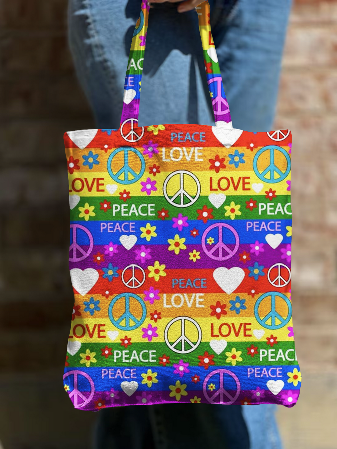 Colorful Classic Hippie Peace Shoulder Zipper Canvas Bag