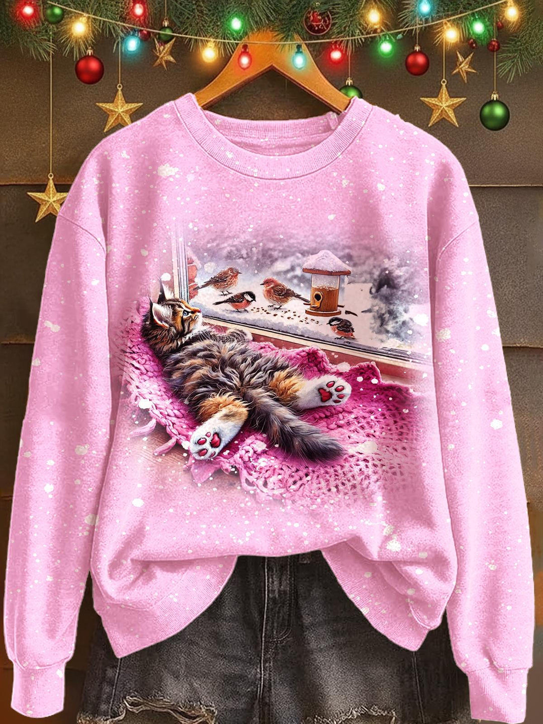 Winter Kitten Print Long Sleeve Casual Top