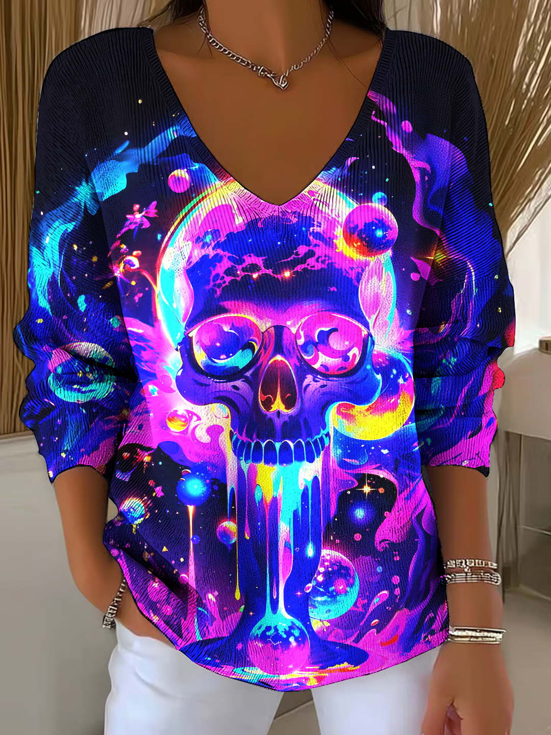 Magic Hippie Halloween Skull Casual V Neck Pullover Sweater