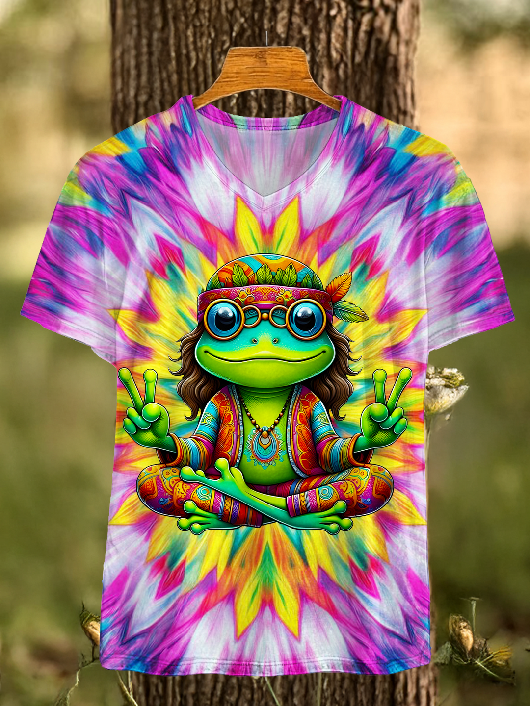 Colorful Hippie Frog Art V-neck T-Shirt