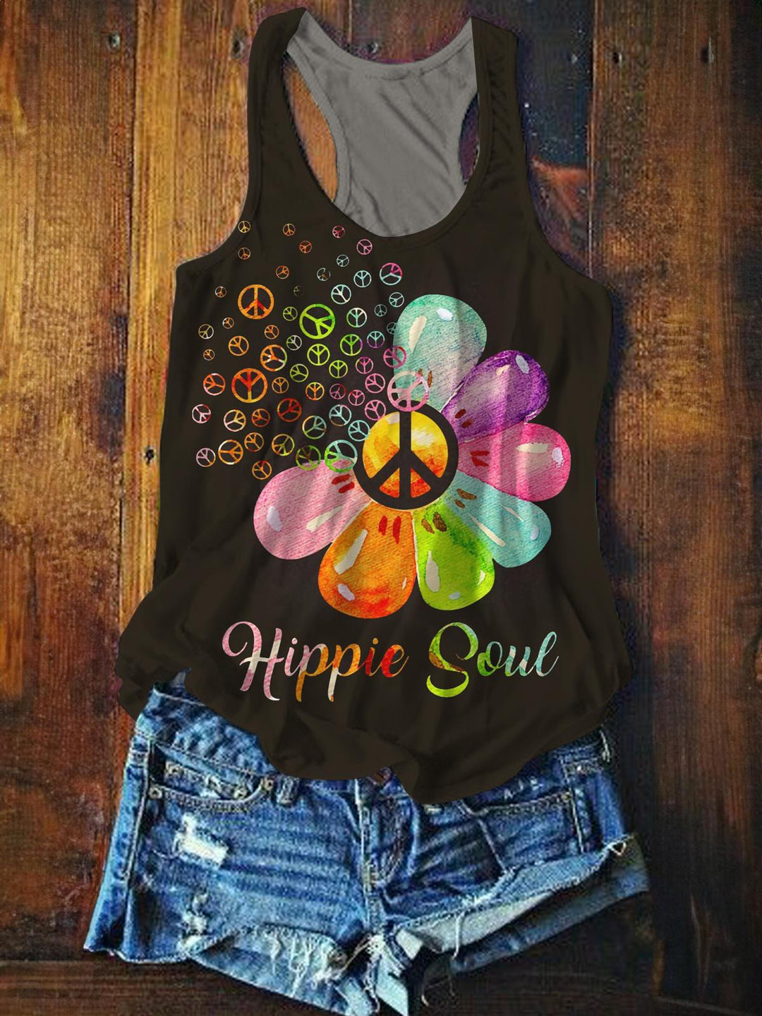 Hippie Soul Peace and Love Flower Printed Casual Tank Top