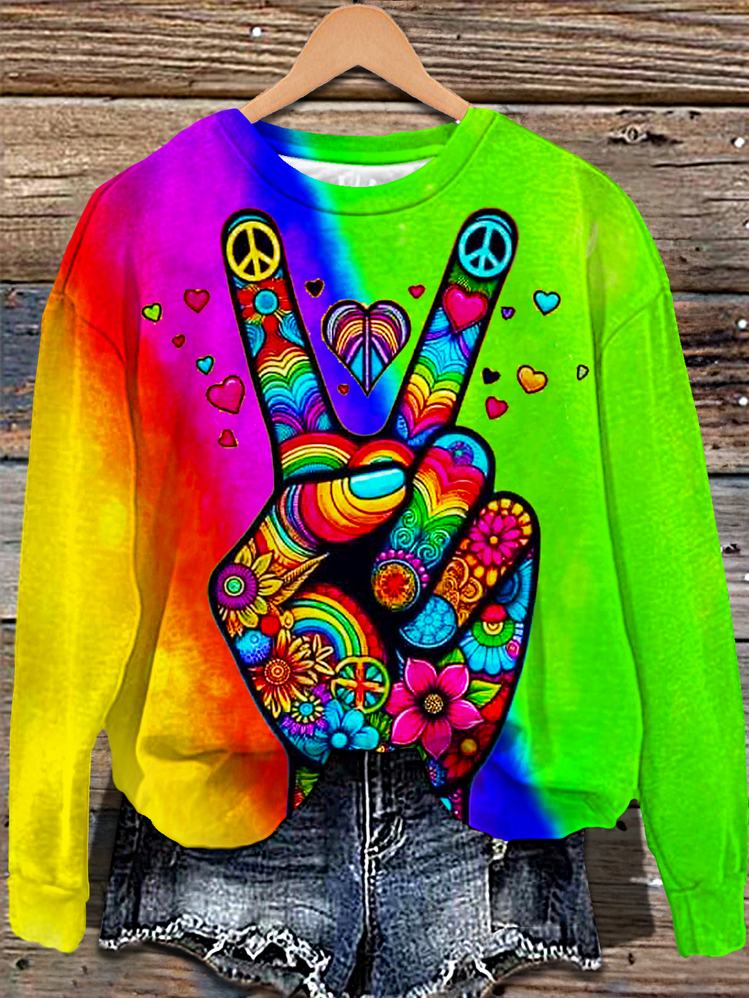 Colorful Hippie Peace Hands Art Printed Long Sleeve Casual Top