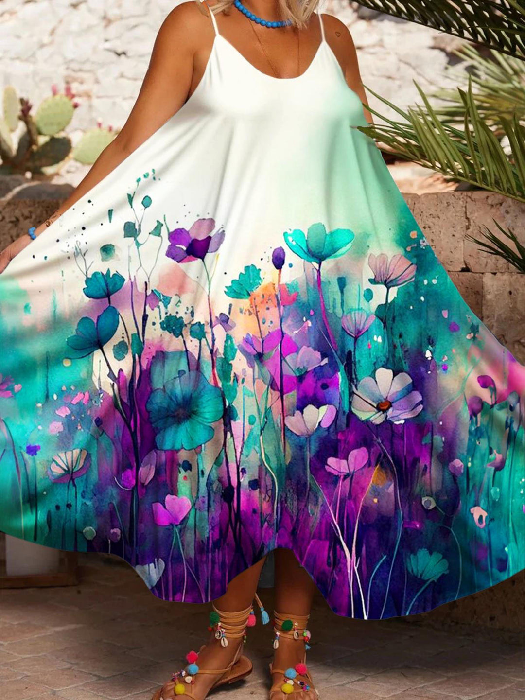 Mint Green Purple Wildflower Casual Spaghetti Strap Dress