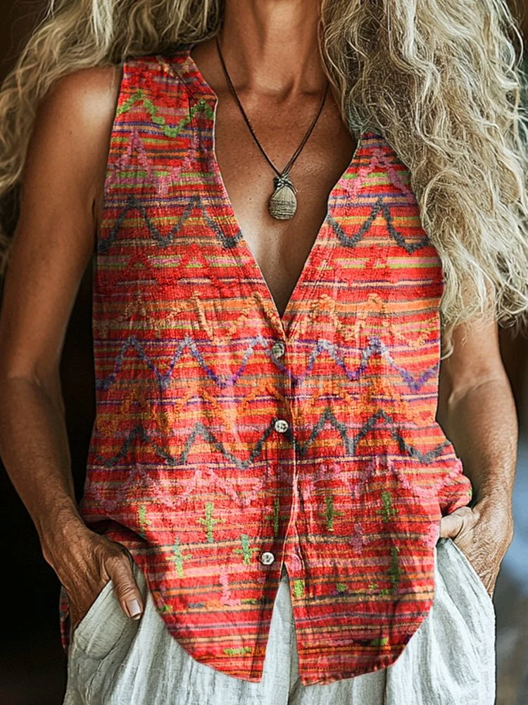 Retro Ethnic Totem Art Printed Sleeveless Cotton Crinkled Shirt