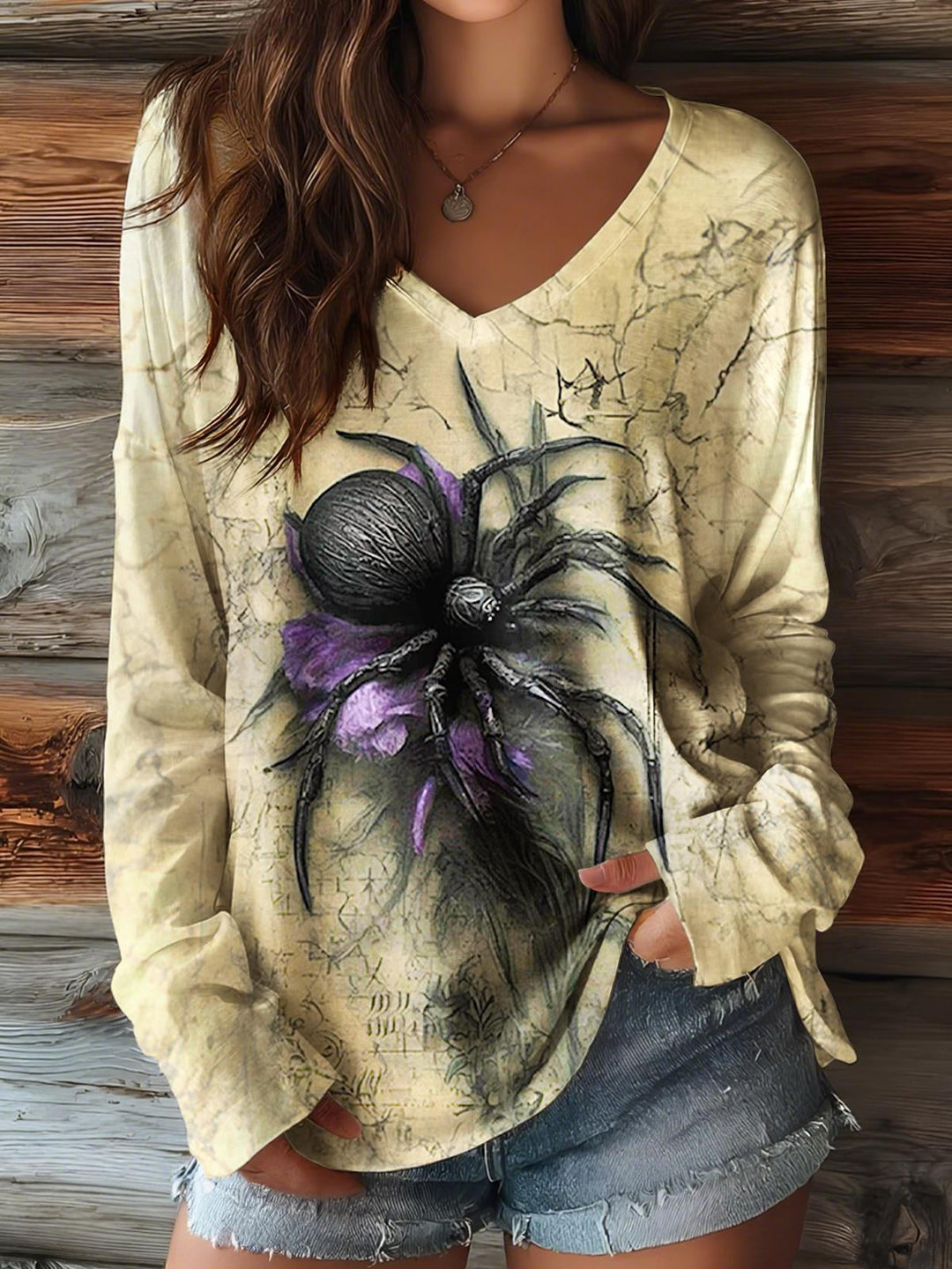 Halloween Spider Print V-neck Long Sleeve Top