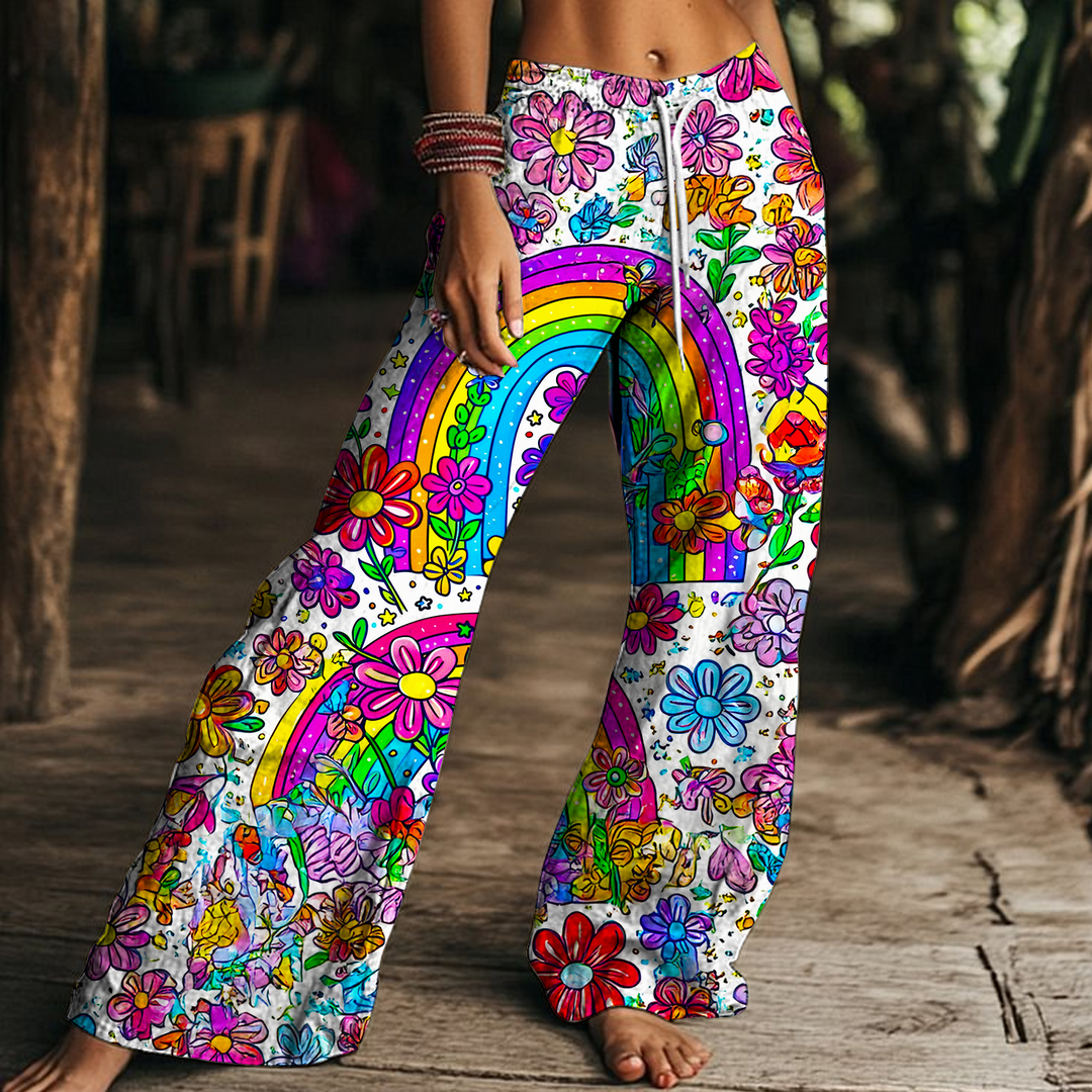 Colorful Floral Rainbow Hippie Women's Drawstring Wide-Leg Pants