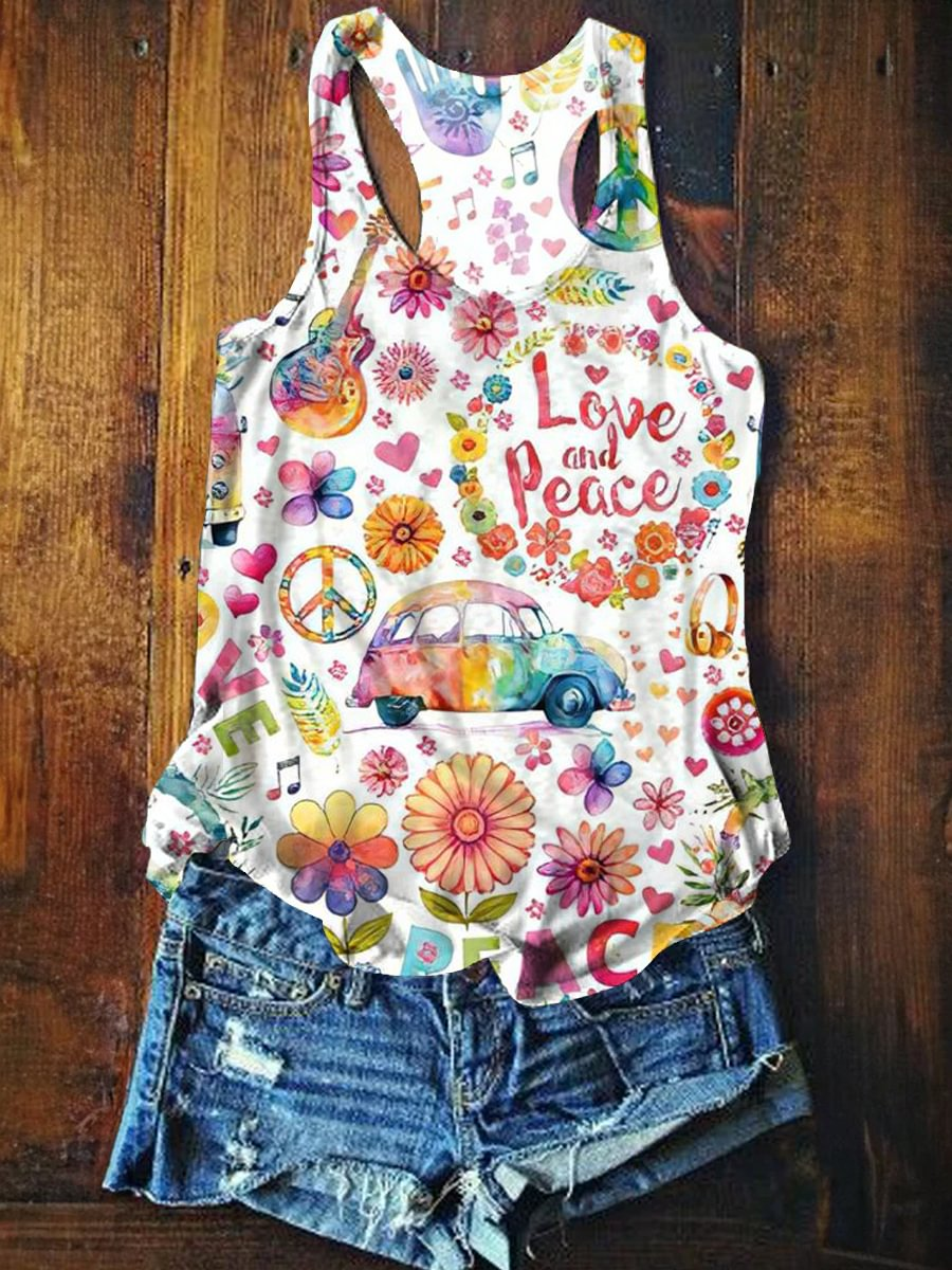 Hippie Love And Peace Art Printed Casual Tank Top