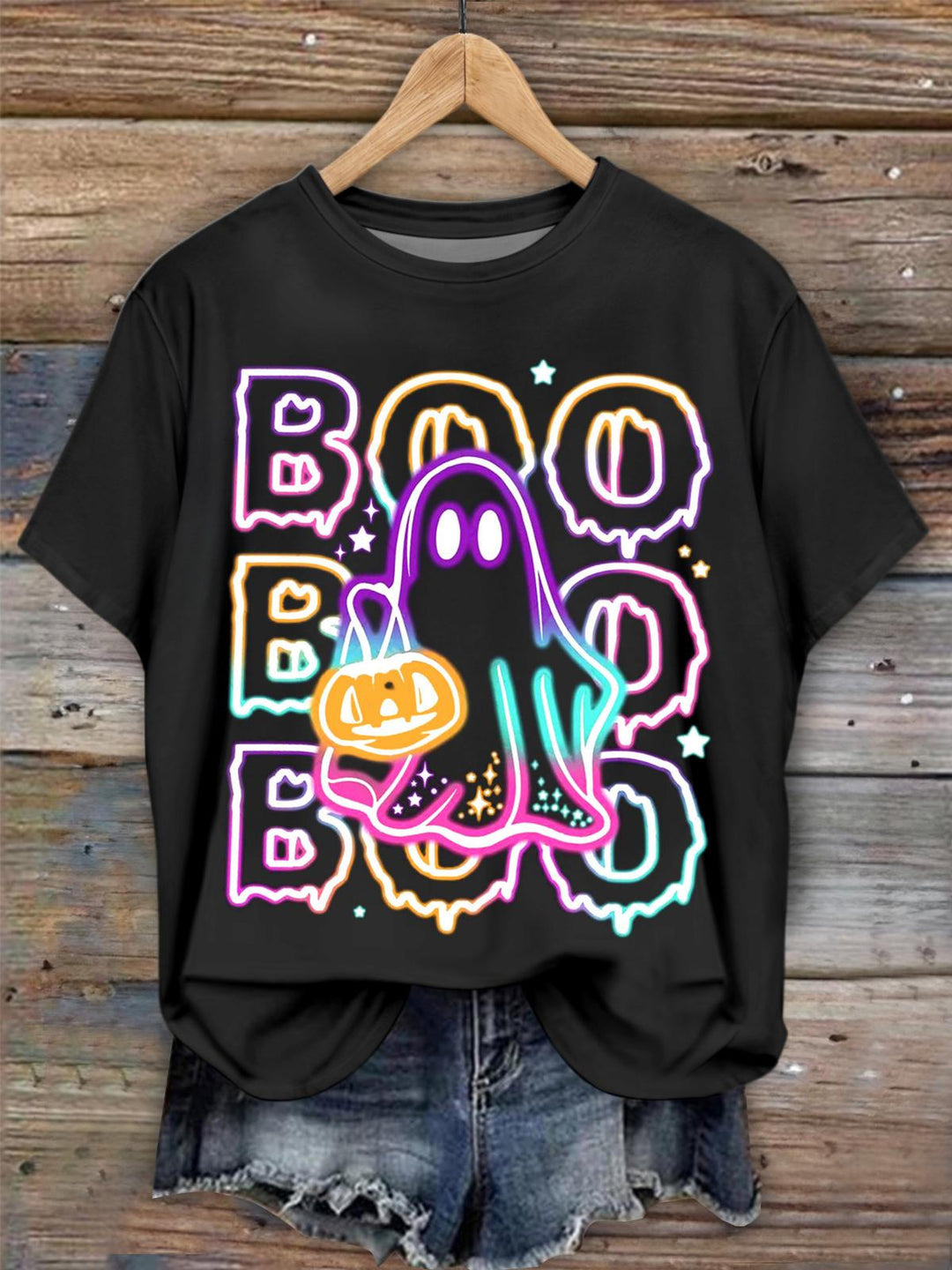 Cute Colorful Neon Boo Ghost Crew Neck T-shirt