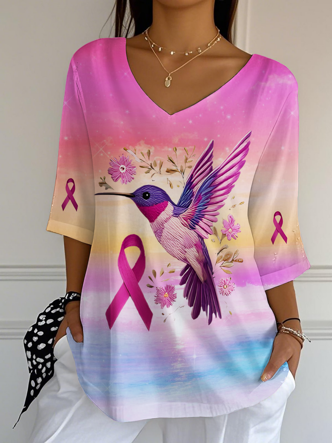 Gradient Pink Ribbon Hummingbird Art Ladies Loose Short Sleeve T-shirt