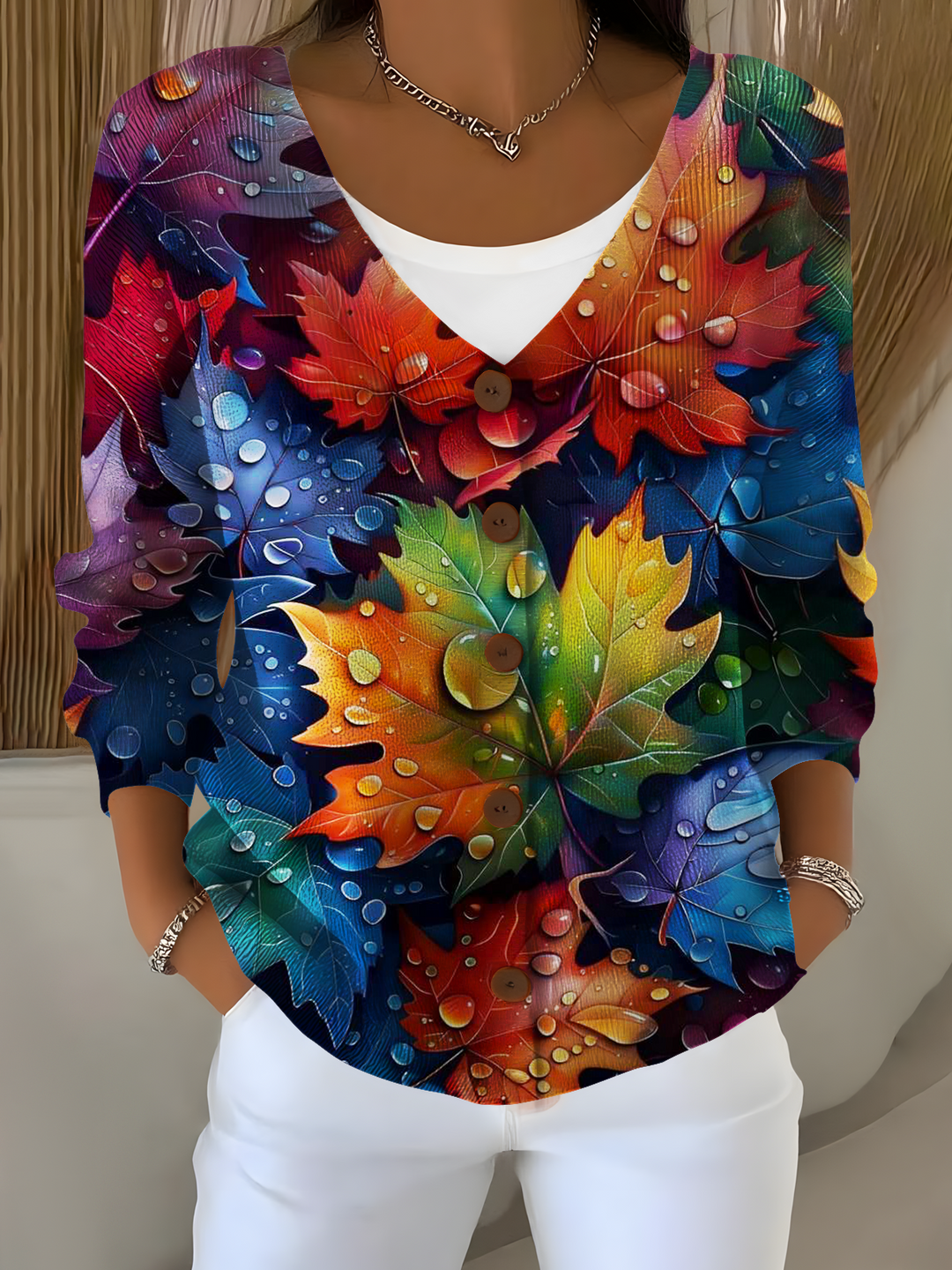 Autumn Maple Leaf Art Print Button V-neck Cardigan Sweater