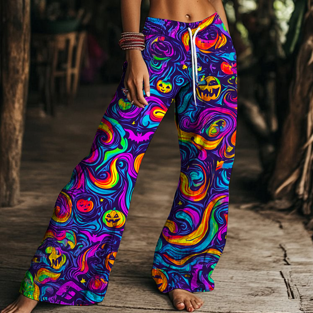 Colorful Evil Pumpkin Season Print Women's Drawstring Wide-Leg Pants