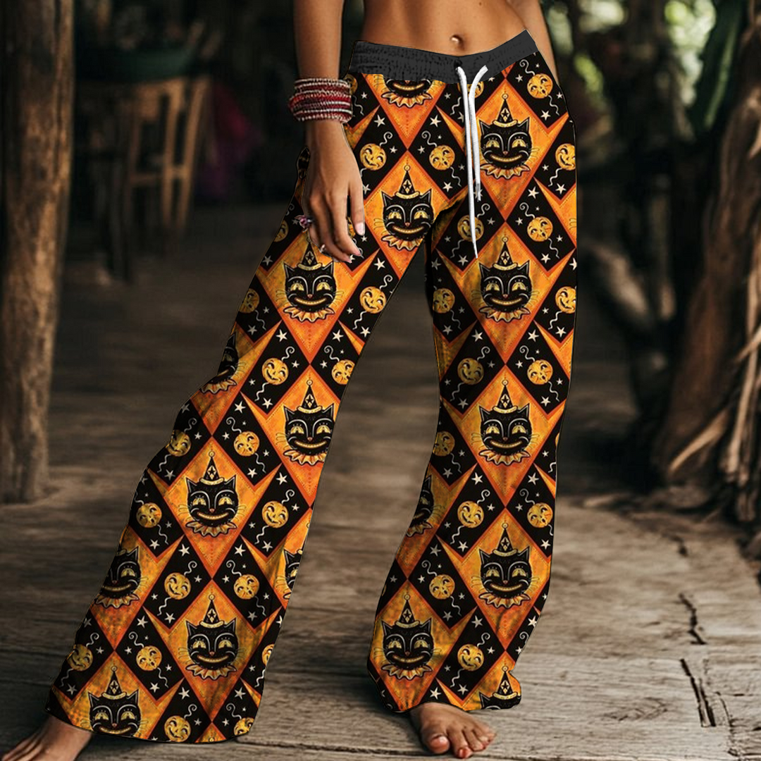 Grinning Black Cat & Jacks Women's Drawstring Wide-Leg Pants