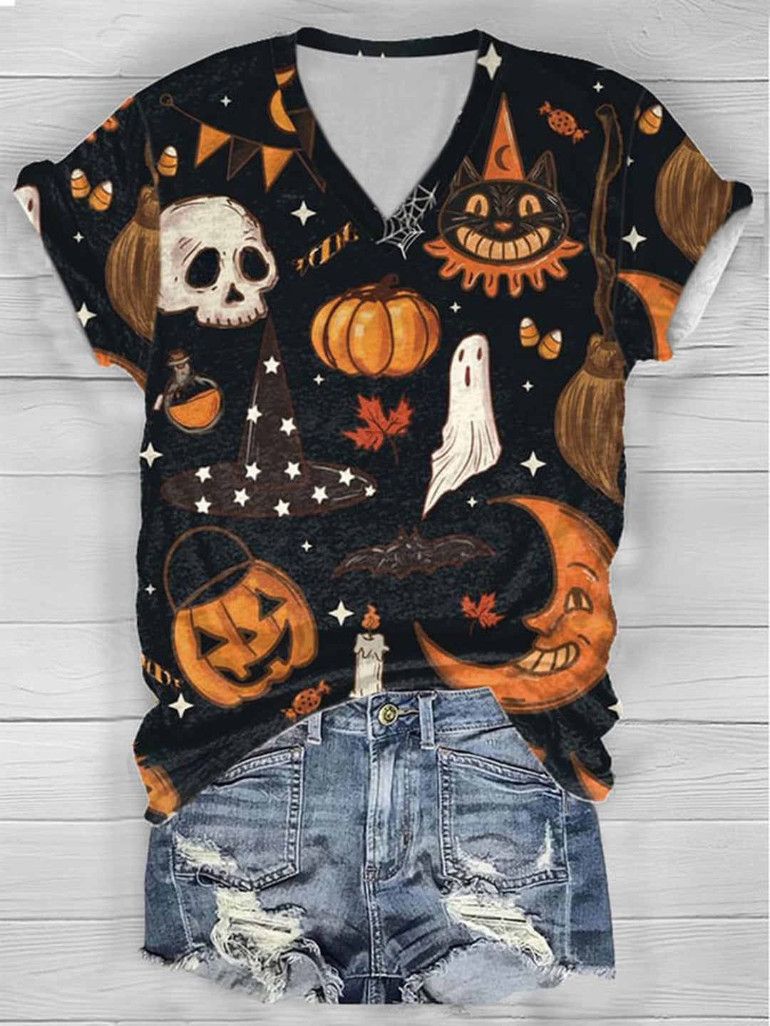 Women's Halloween Skull Pumpkin Print Short Sleeve T-Shirt