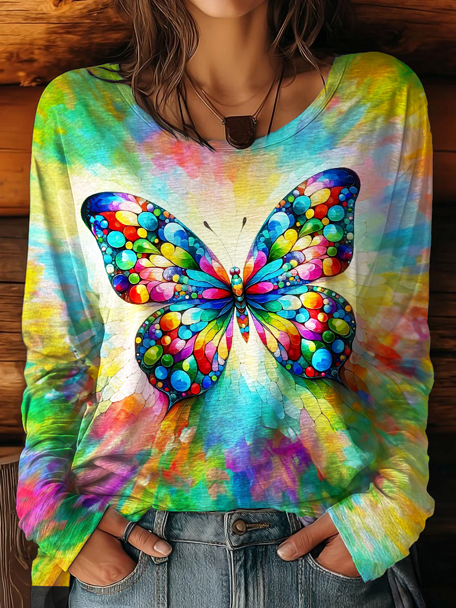 Women's Colorful Hippie Butterflies Round Neck Long Sleeve T-shirt
