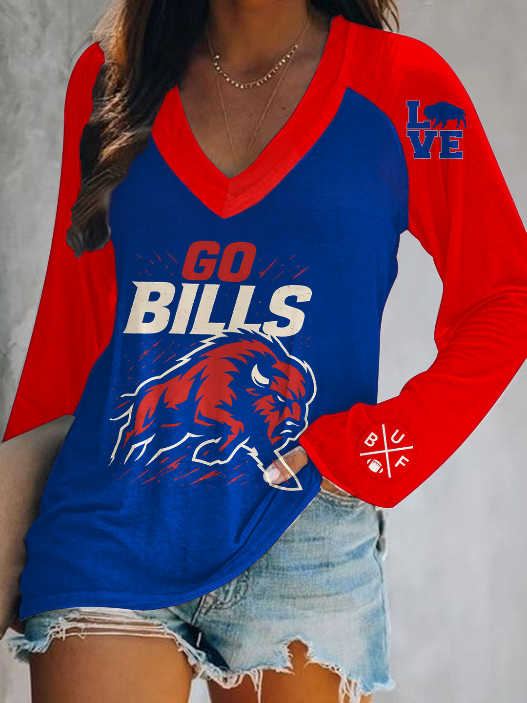 Buffalo Bills Football Print V-Neck Long Sleeve Top