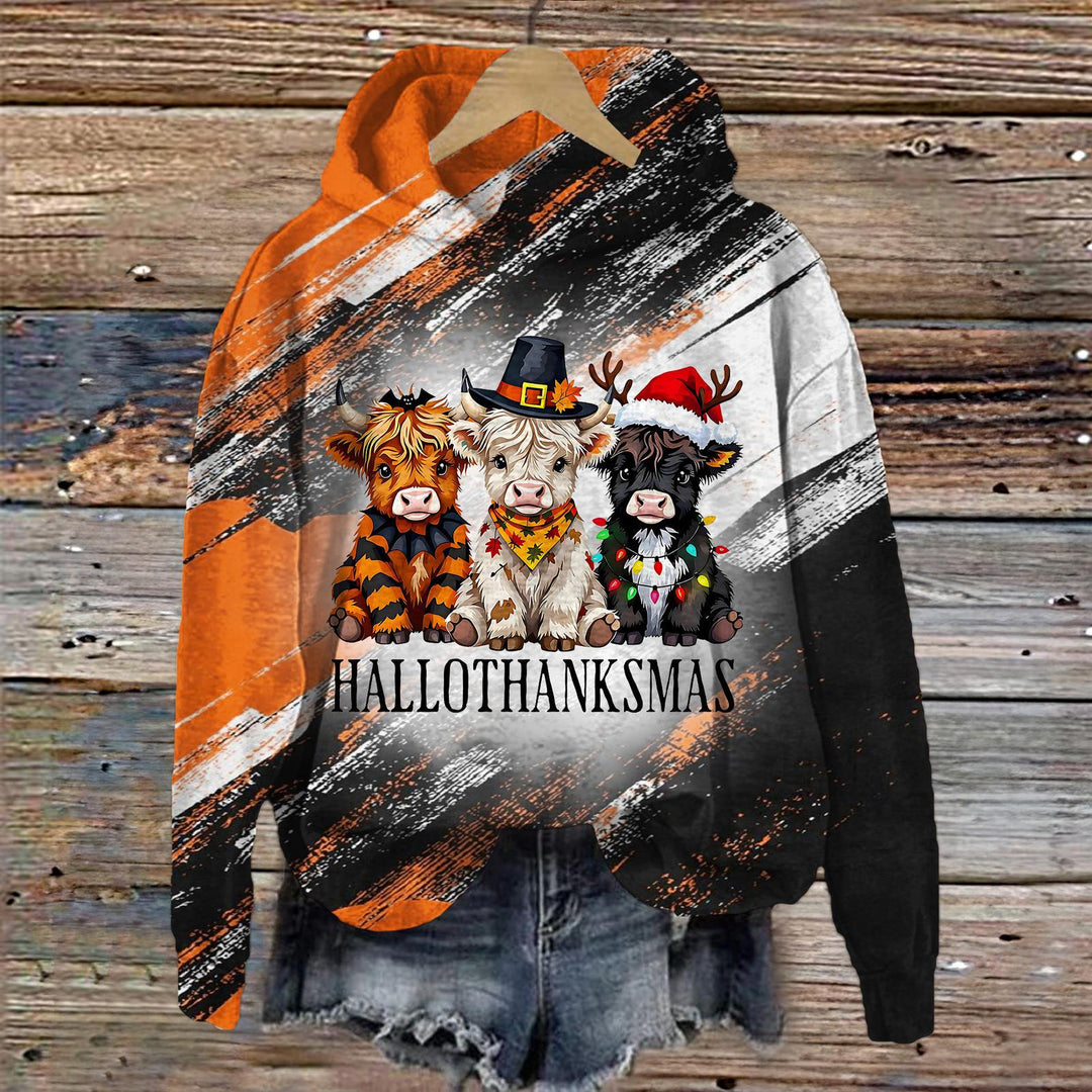 Hallothanksmas Highland Cow Long Sleeve Printed Hoodie