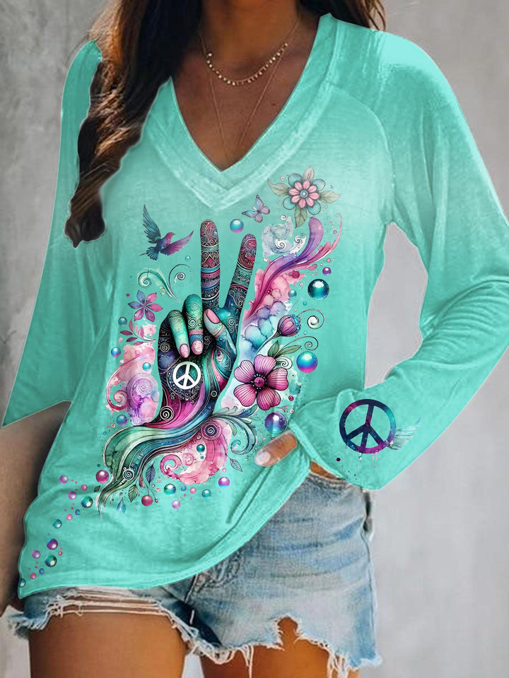 Hippie Gestures Print V-Neck Long Sleeve Top