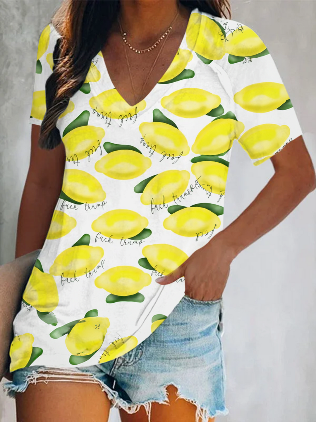 When Life Gives you Lemons Short Sleeve V Neck Print Top