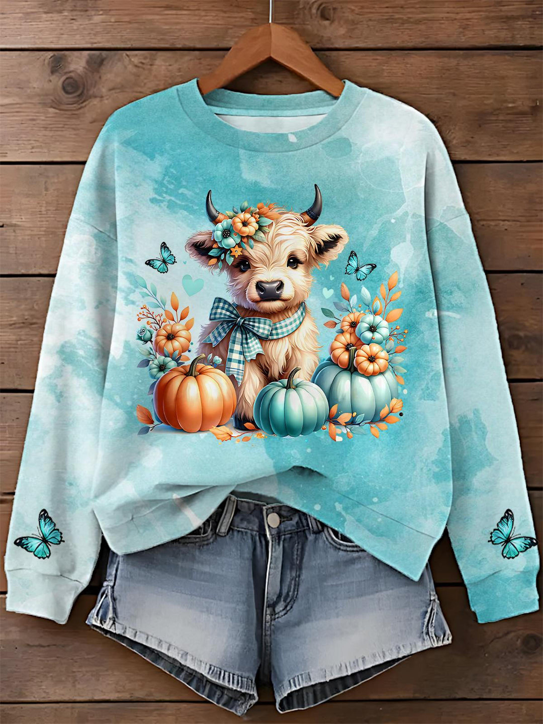 Halloween Art Highland Cow Printed Long Sleeve Casual Top