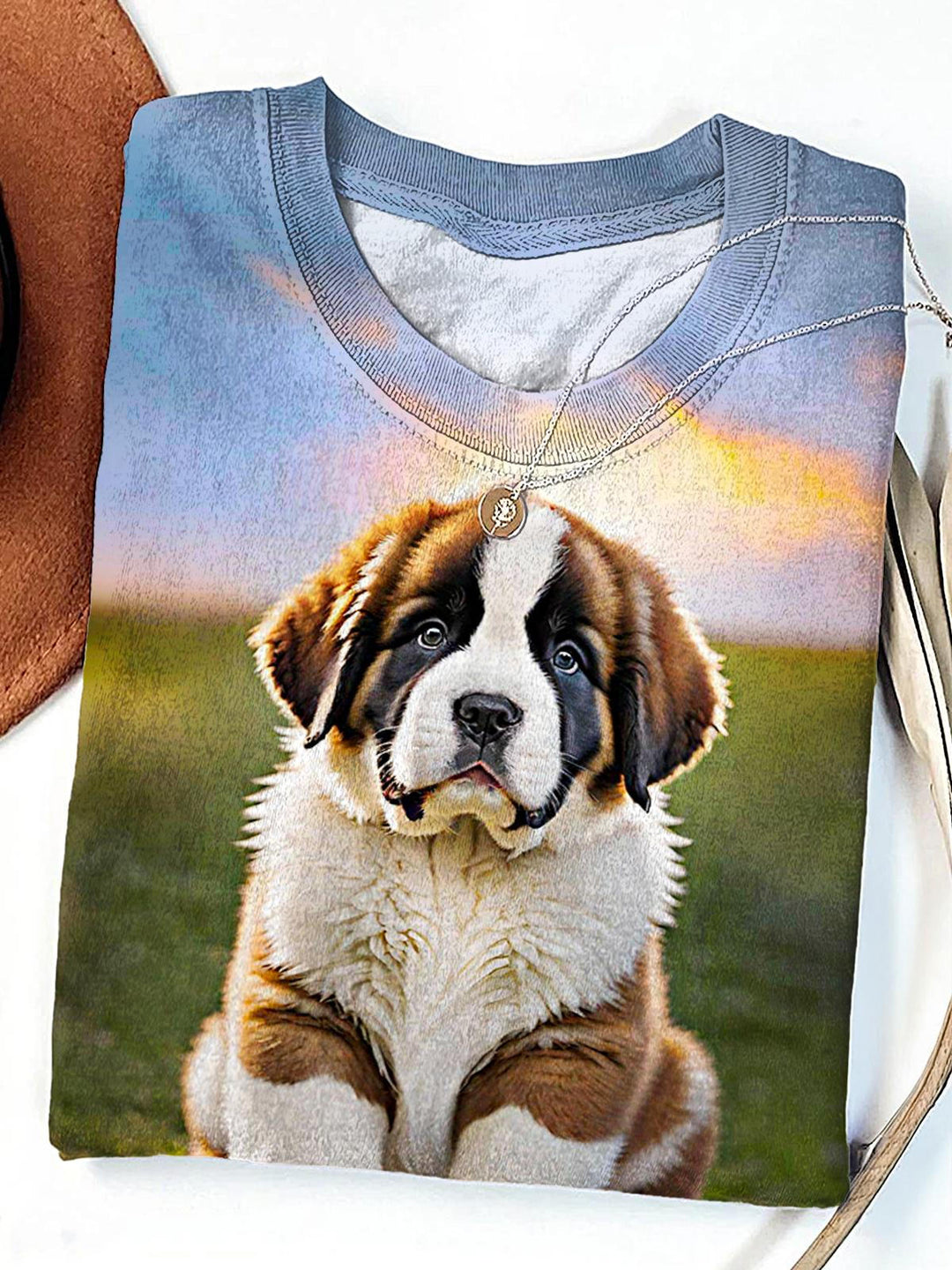 Women's Cute Puppy Print Crew Neck T-shirt