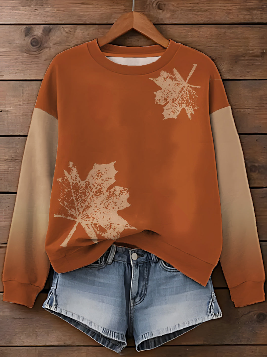 Autumn Gradual Falling Leaves Printed Long Sleeve Casual Top