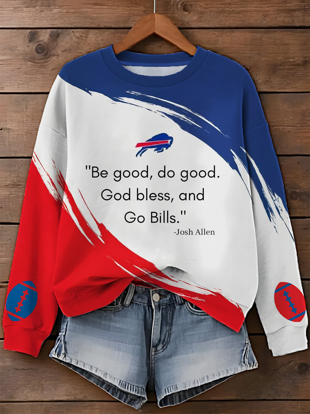 Buffalo Red Blue Contrast Printed Long Sleeve Casual Top
