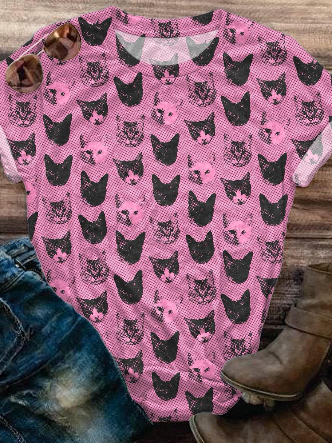 Cute Cat Print Crew Neck T-shirt