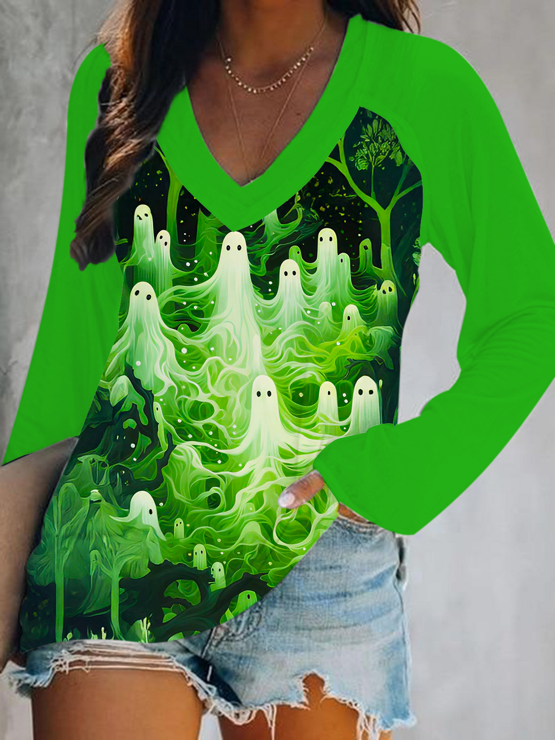Halloween Scary Ghost Print V-Neck Long Sleeve Top
