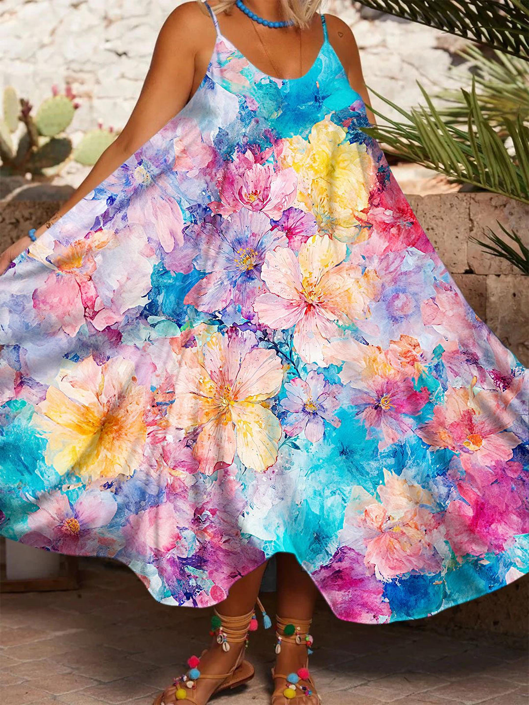 Women's Colorful Flower Printed Casual Spaghetti Strap Dress