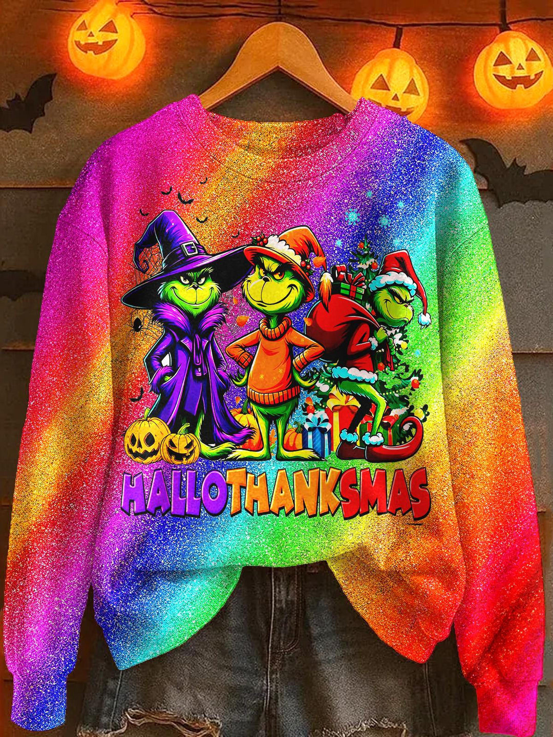 Halloween Christmas Grinch Print Long Sleeve Casual Top