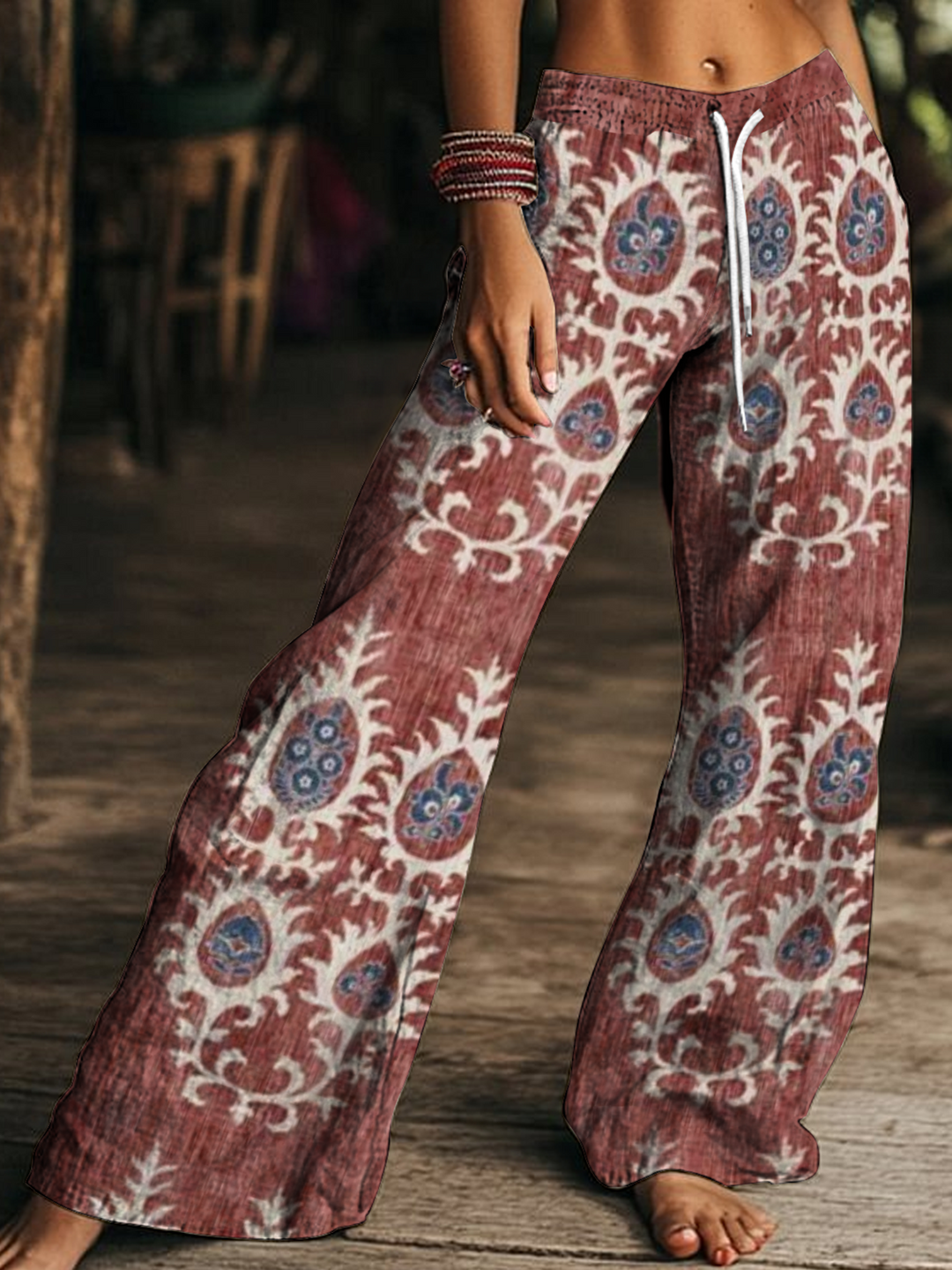 Retro Hippie Ethnic Pattern Art Women's Drawstring Wide-Leg Pants