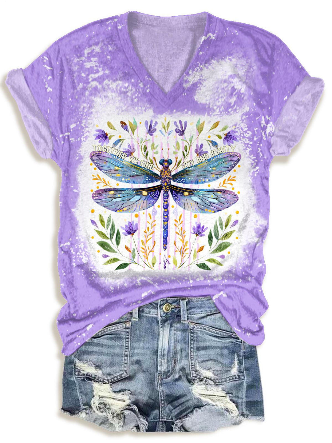 Flower Dragonfly Print V-neck T-Shirt