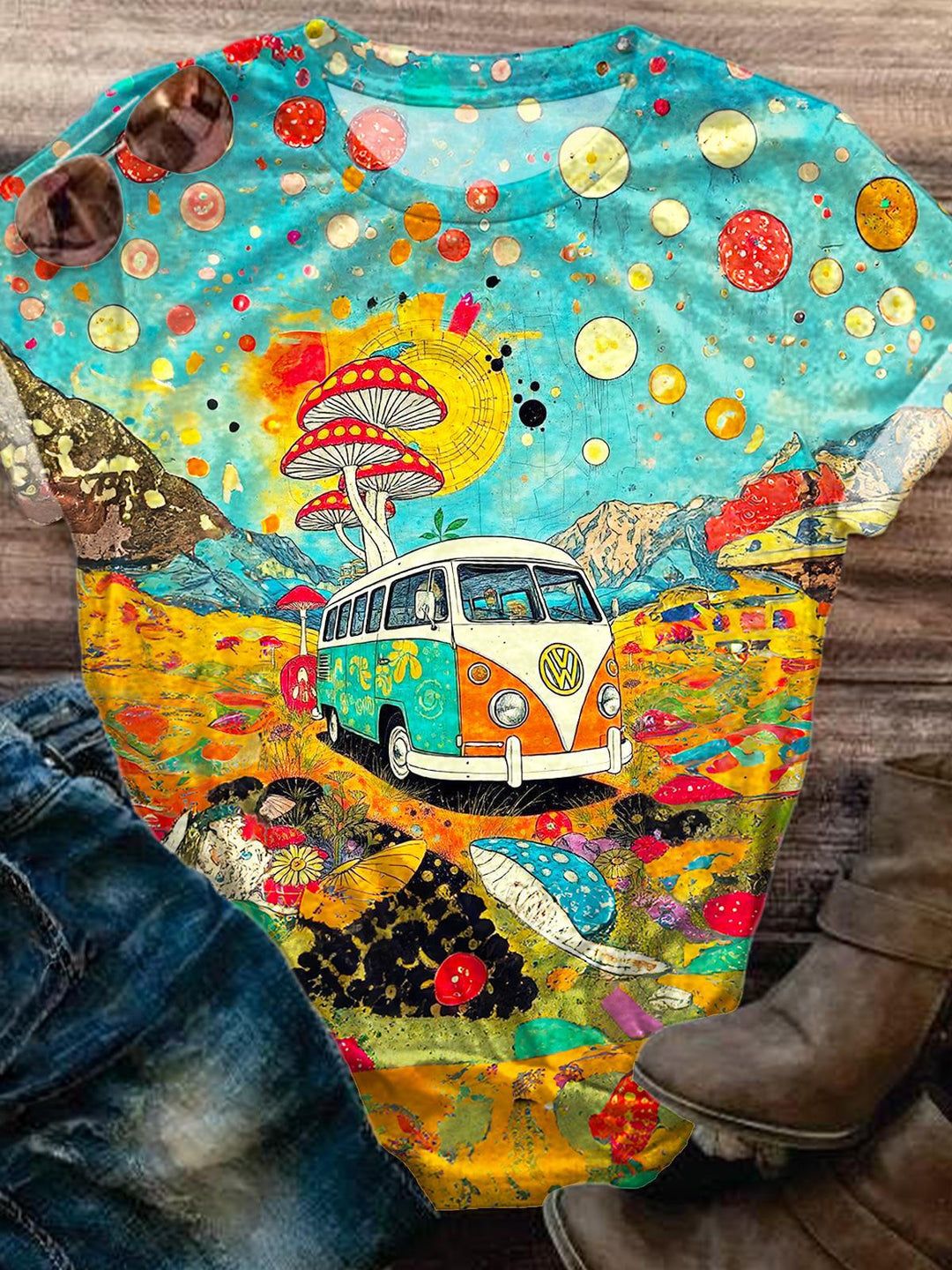 Retro Hippie Printed Crew Neck T-shirt