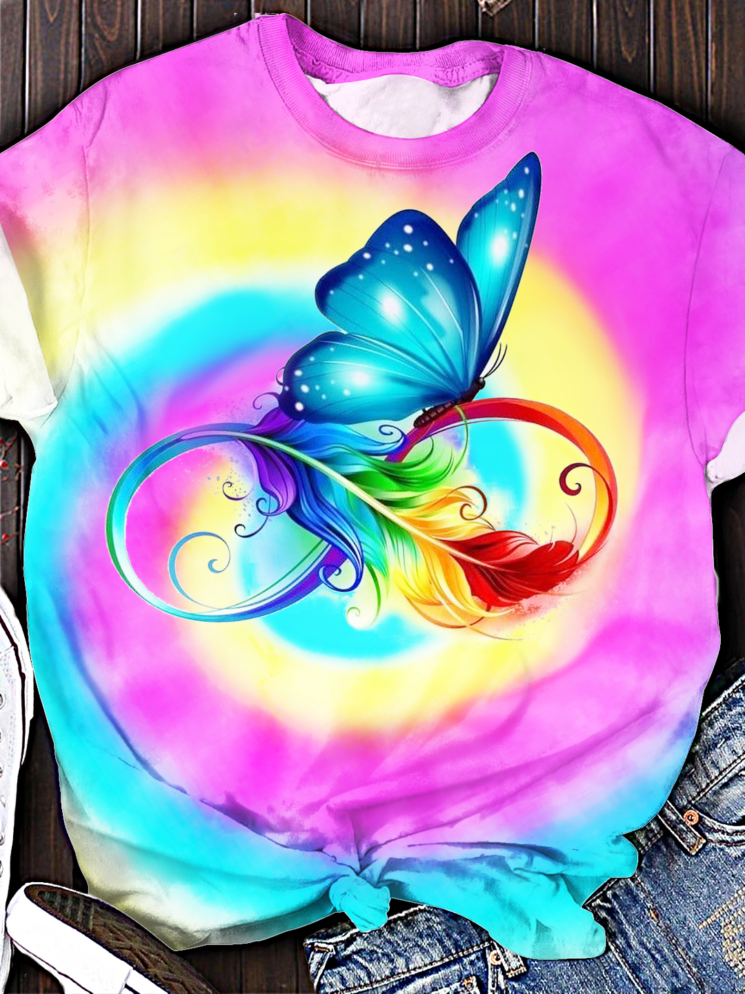 Tie Dye Feather Butterfly Art Crew Neck T-shirt