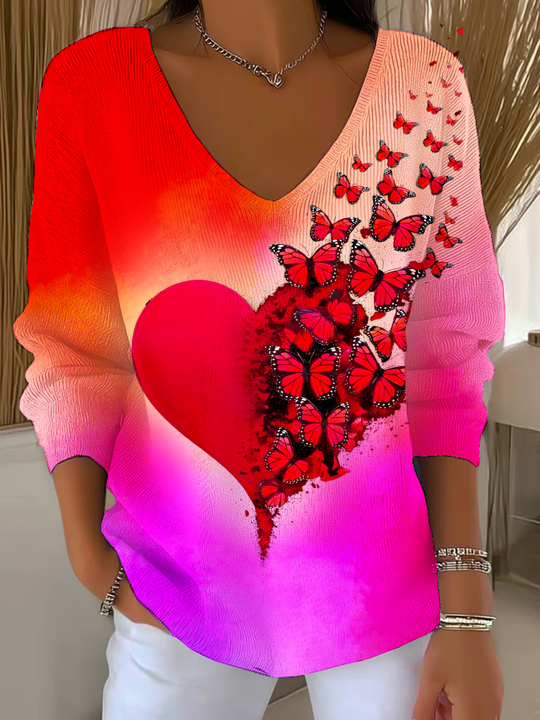 Gradient Glitter Hippie Butterfly Love Casual V Neck Pullover Sweater