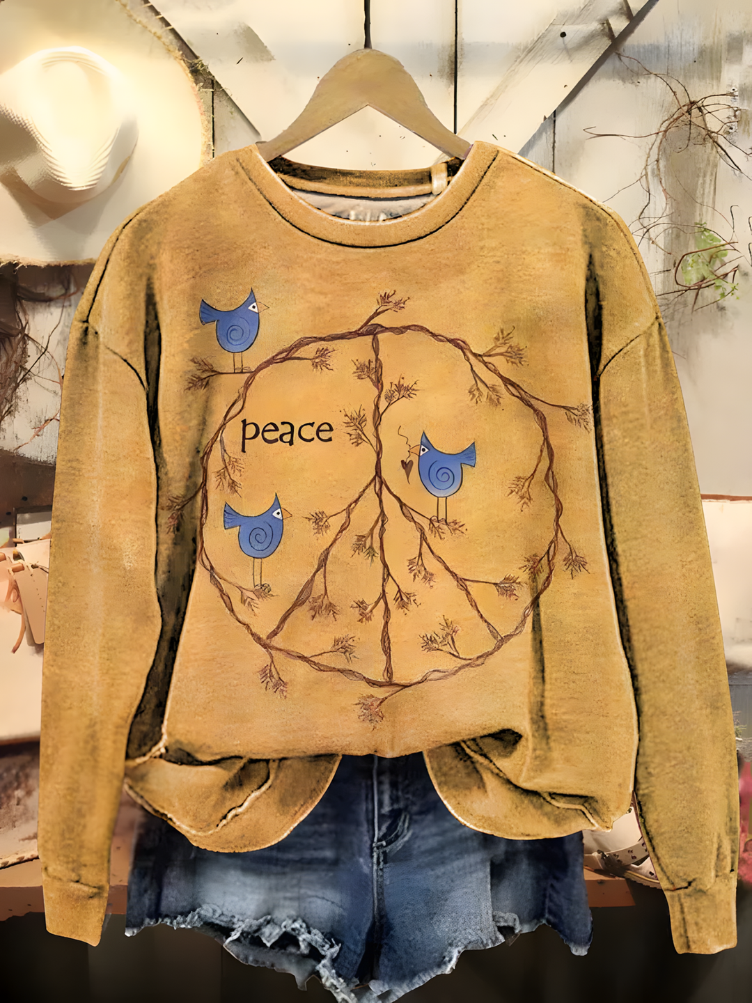 Retro Hippie Peace Sign Printed Long Sleeve Casual Top
