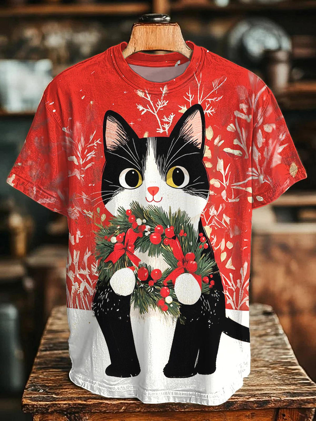 Christmas Cute Kitten Print Crew Neck T-shirt
