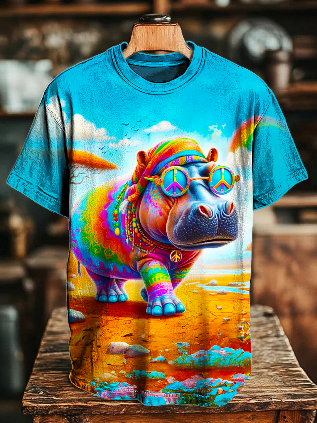 Hippie Peace Hippo Crew Neck T-shirt