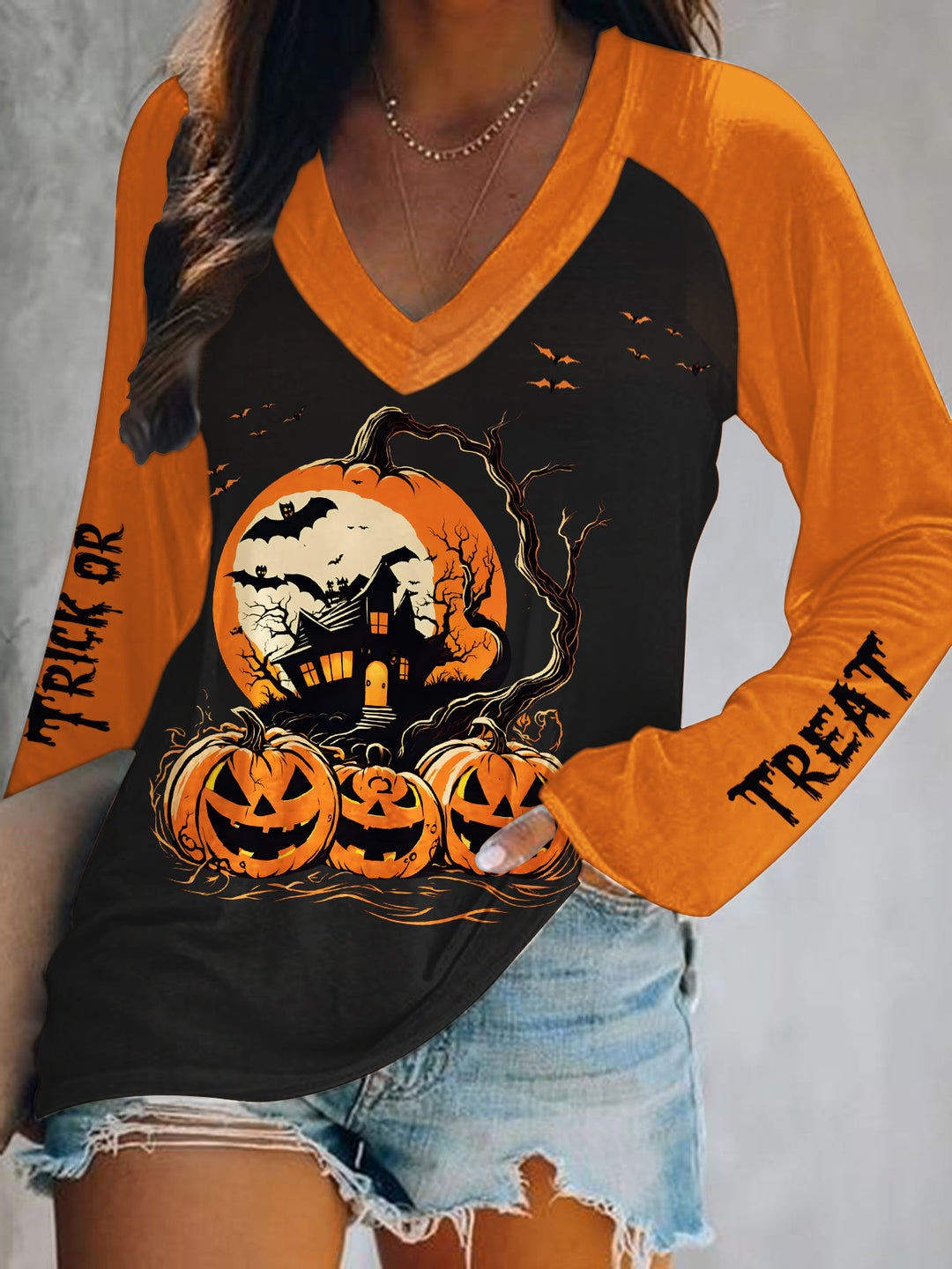 Halloween Pumpkin Print V-Neck Long Sleeve Top