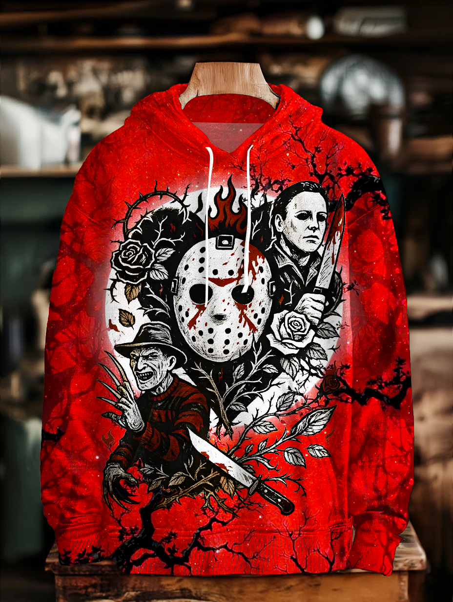 Retro Halloween Horror Movie Unisex Long Sleeve Hooded Pocket Sweatshirt