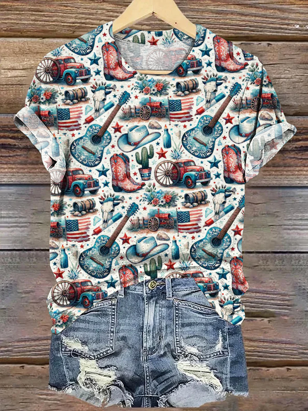 Western 4th of July Patriotic Cowgirl Crew Neck T-shirt