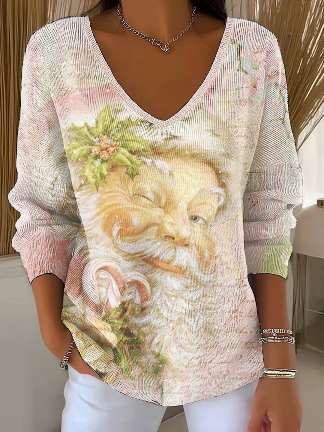 Pink Vintage Santa Casual V Neck Pullover Sweater